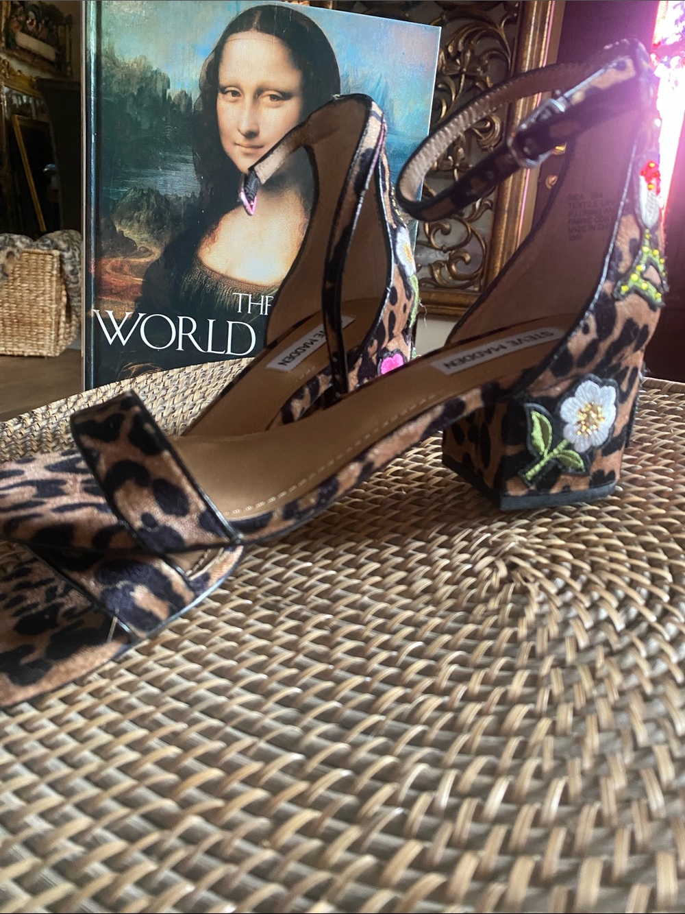 Steve Madden Inca Leopard Multi Embroidered Ankle Strap Heels woman’s size 8